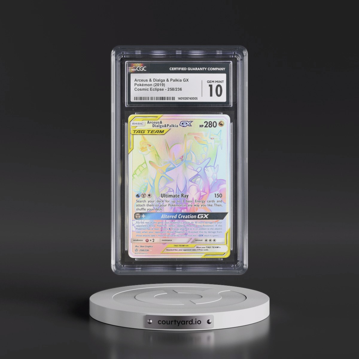 2019 Cosmic Eclipse #258/236 Arceus &amp; Dialga &amp; Palkia GX - Rainbow Rare Holo (CGC 10 GEM MINT)