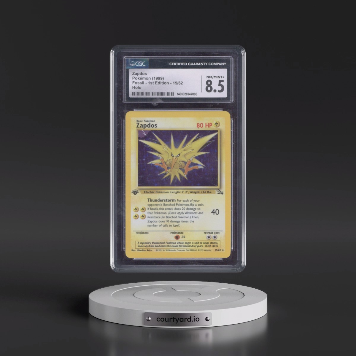 1999 Fossil #15/62 Zapdos - 1st Edition Holo (CGC 8.5 NM-MT+)