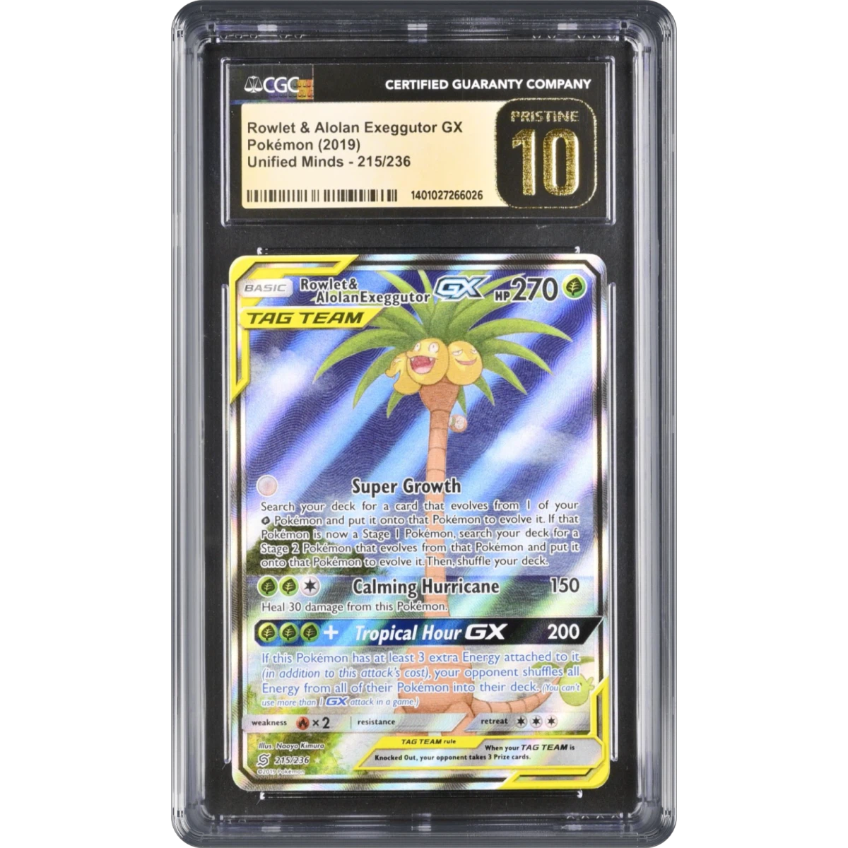 2019 Unified Minds #215/236 Rowlet & Alolan Exeggutor GX - Ultra Rare Holo (CGC 10 PRISTINE)