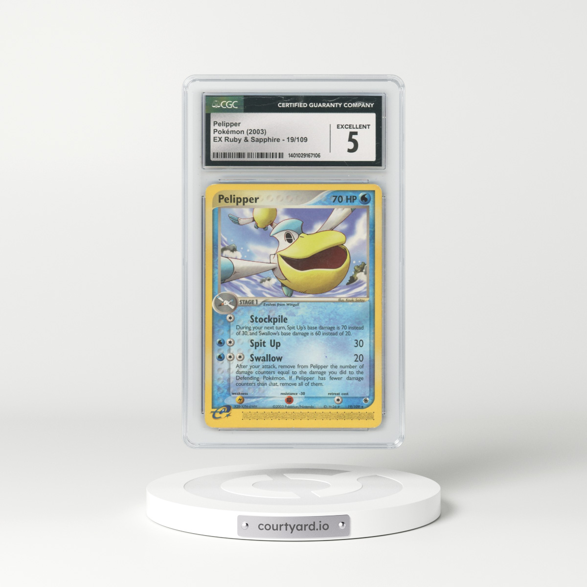 2003 EX Ruby & Sapphire (2003 Copyright, w/ "e" Symbol) #19/109 Pelipper (CGC 5 EX)