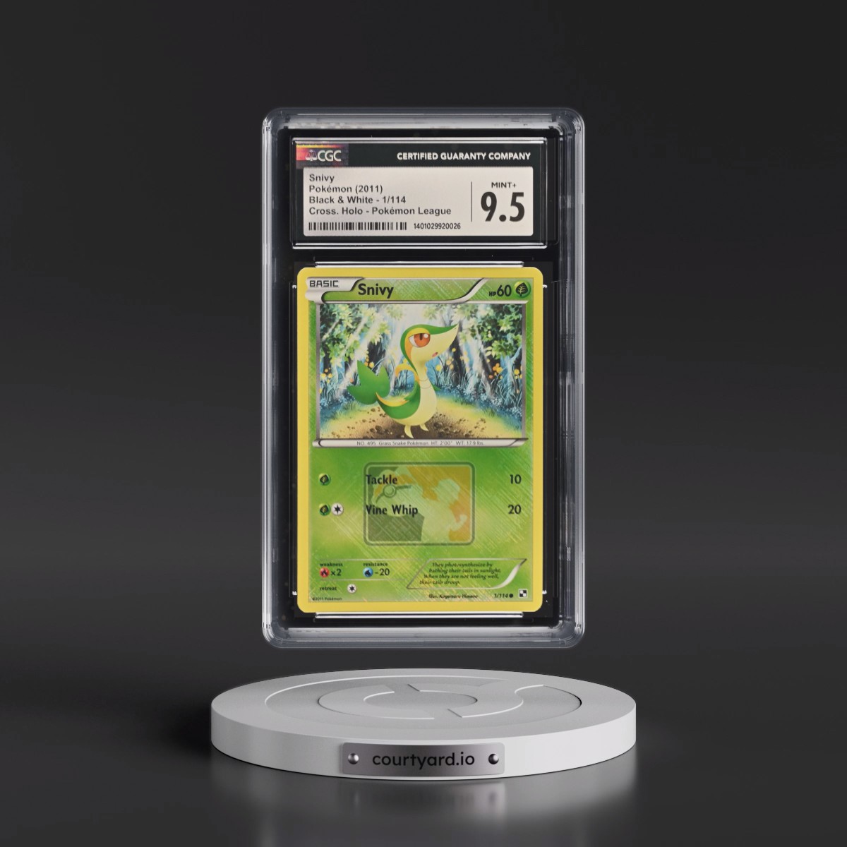 2011 Black & White #1/114 Snivy - Pokémon League (Crosshatch Holo) (CGC 9.5 MINT+)