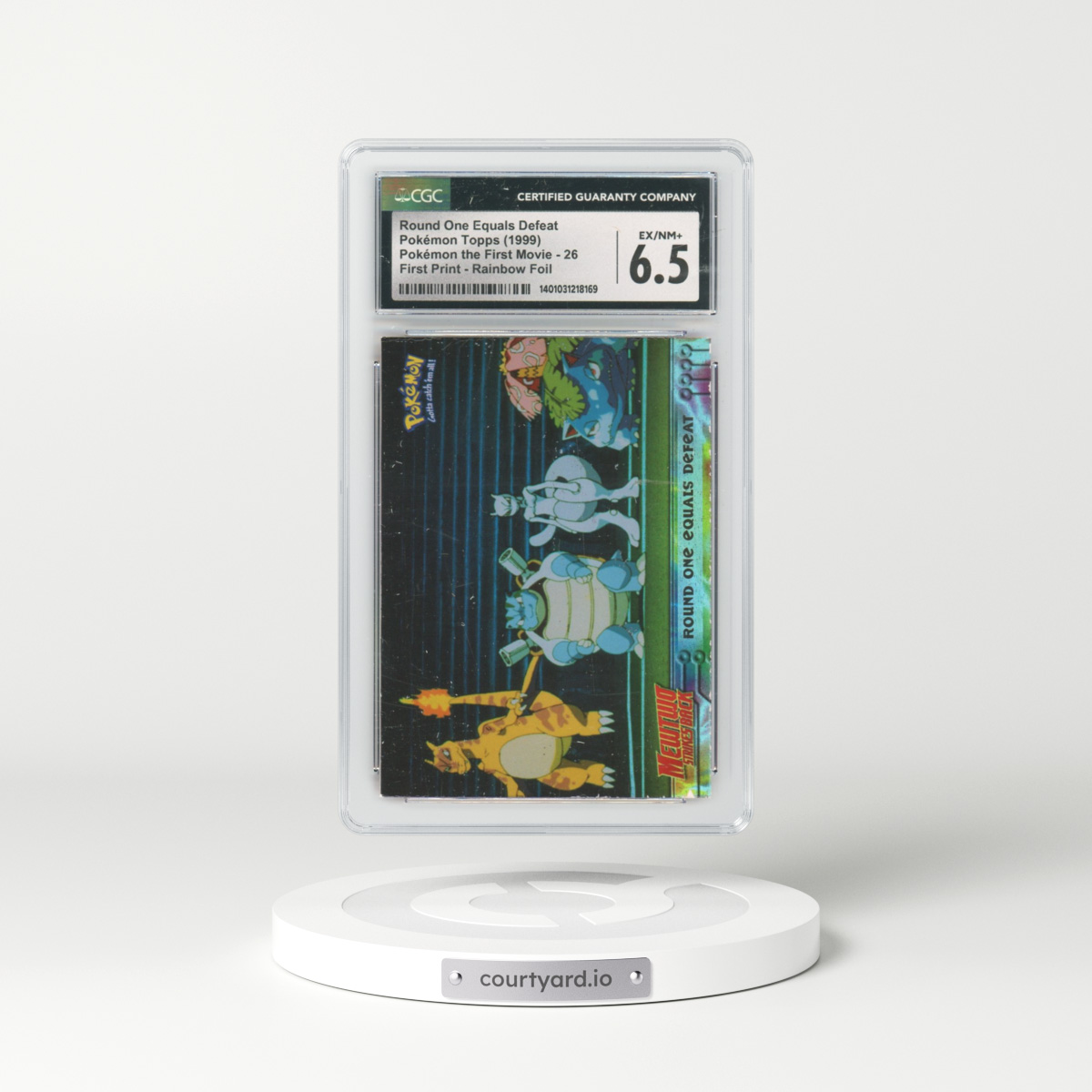 1999 Pokémon the First Movie #26 Round One Equals Defeat - First Print (Blue Topps Logo) Rainbow Foil (CGC 6.5 EX-NM+)