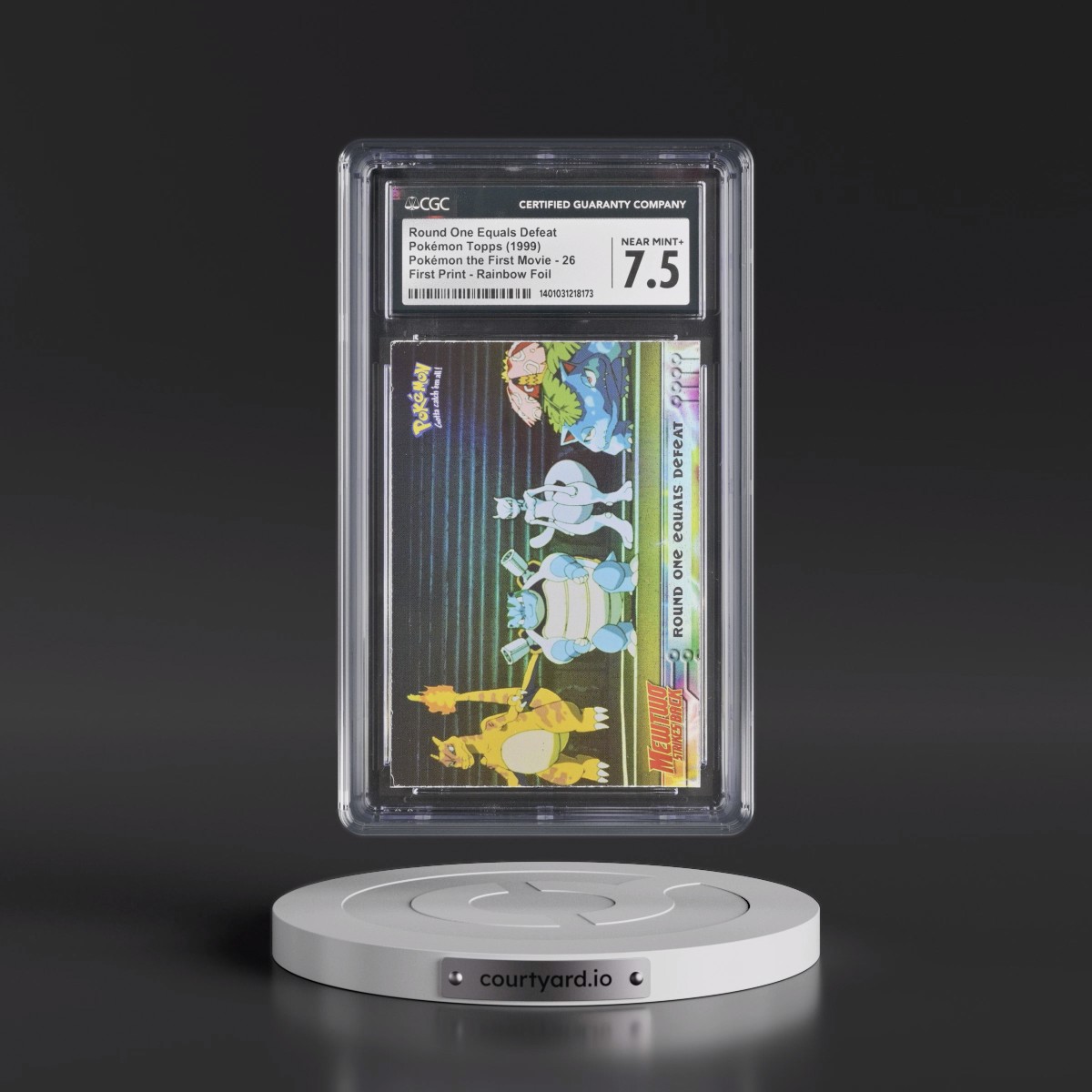 1999 Pokémon the First Movie #26 Round One Equals Defeat - First Print (Blue Topps Logo) Rainbow Foil (CGC 7.5 NM+)