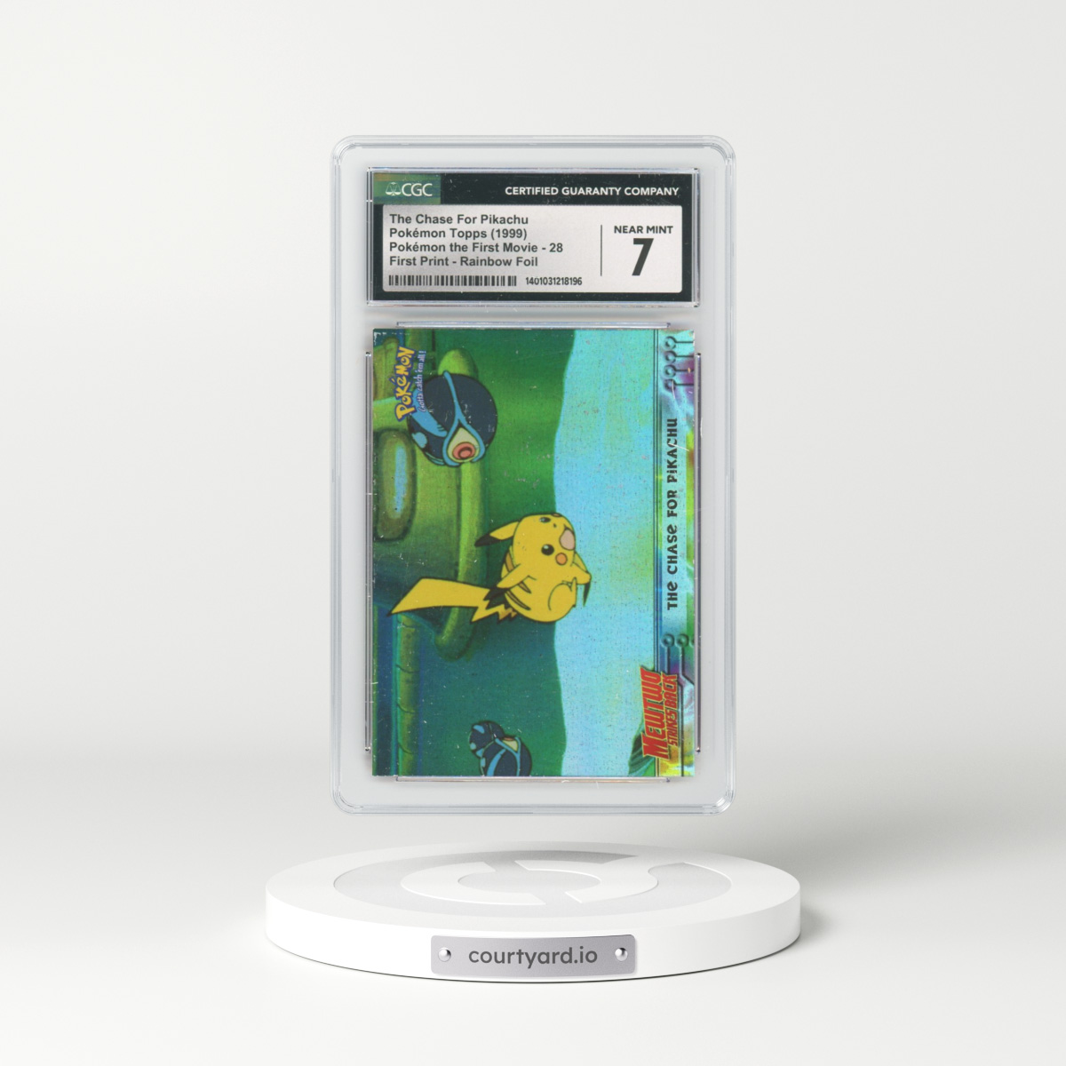 1999 Pokémon the First Movie #28 The Chase For Pikachu - First Print (Blue Topps Logo) Rainbow Foil (CGC 7 NM)