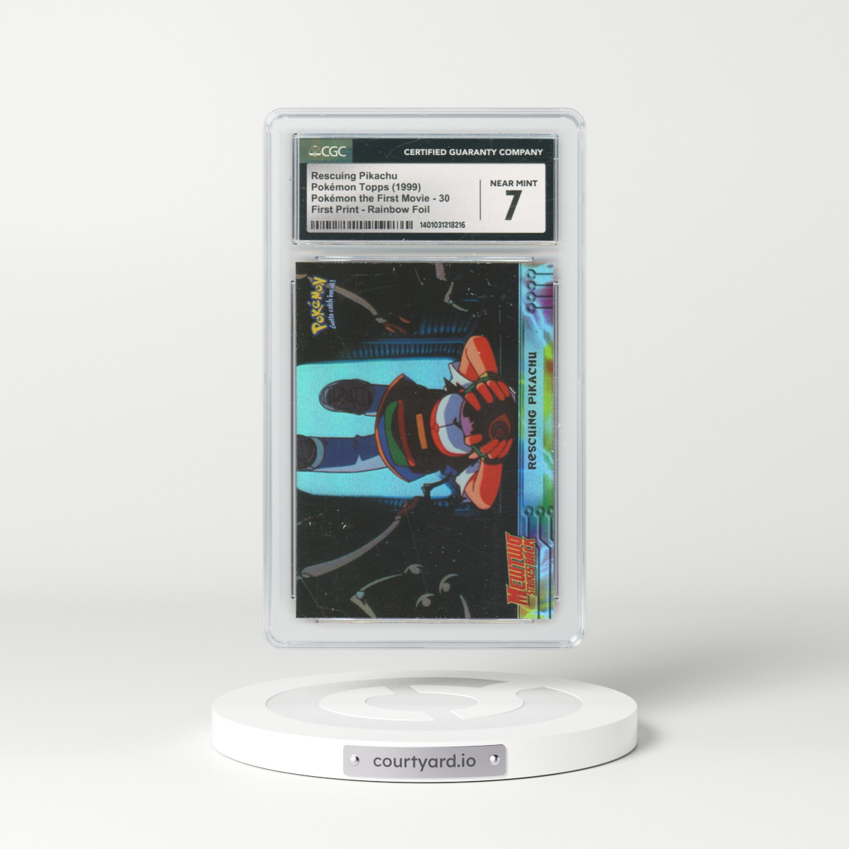 1999 Pokémon the First Movie #30 Rescuing Pikachu - First Print (Blue Topps Logo) Rainbow Foil (CGC 7 NM)