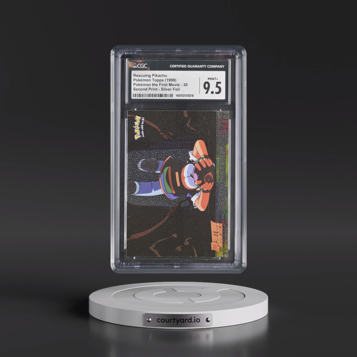 1999 Pokémon the First Movie #30 Rescuing Pikachu - Second Print (Black Topps Logo) Silver Foil (CGC 9.5 MINT+)