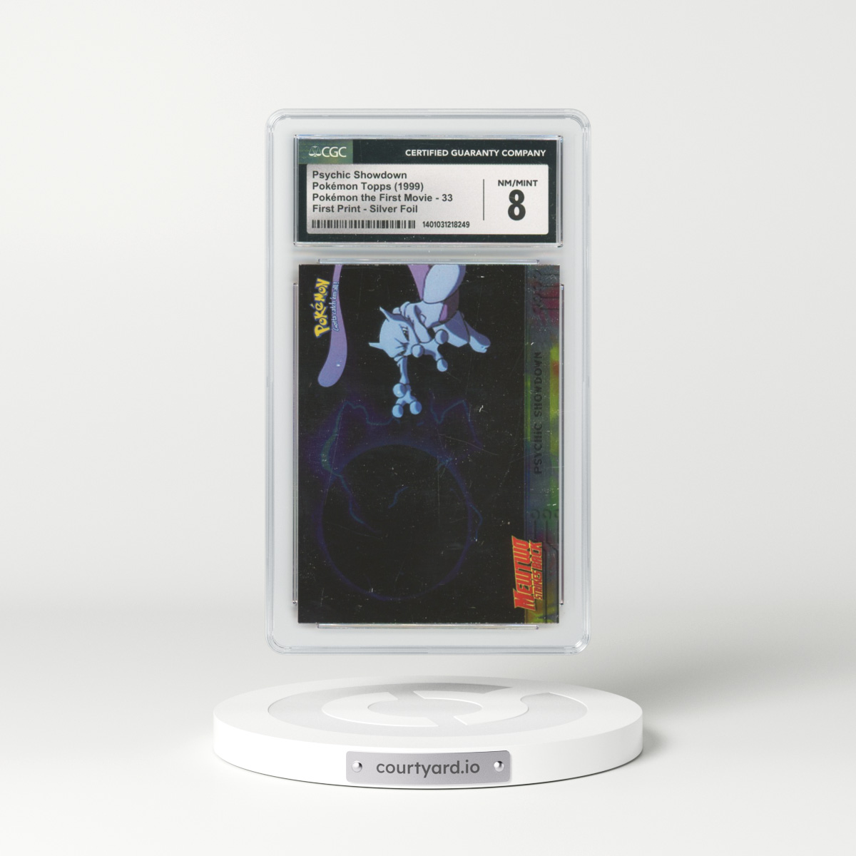 1999 Pokémon the First Movie #33 Psychic Showdown - First Print (Blue Topps Logo) Silver Foil (CGC 8 NM-MT)