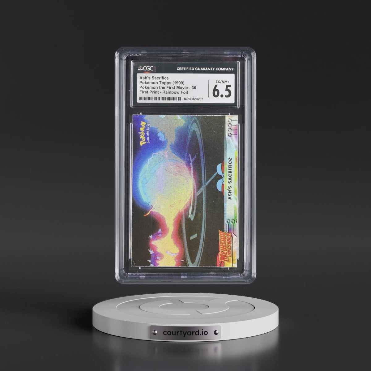 1999 Pokémon the First Movie #36 Ash's Sacrifice - First Print (Blue Topps Logo) Rainbow Foil (CGC 6.5 EX-NM+)