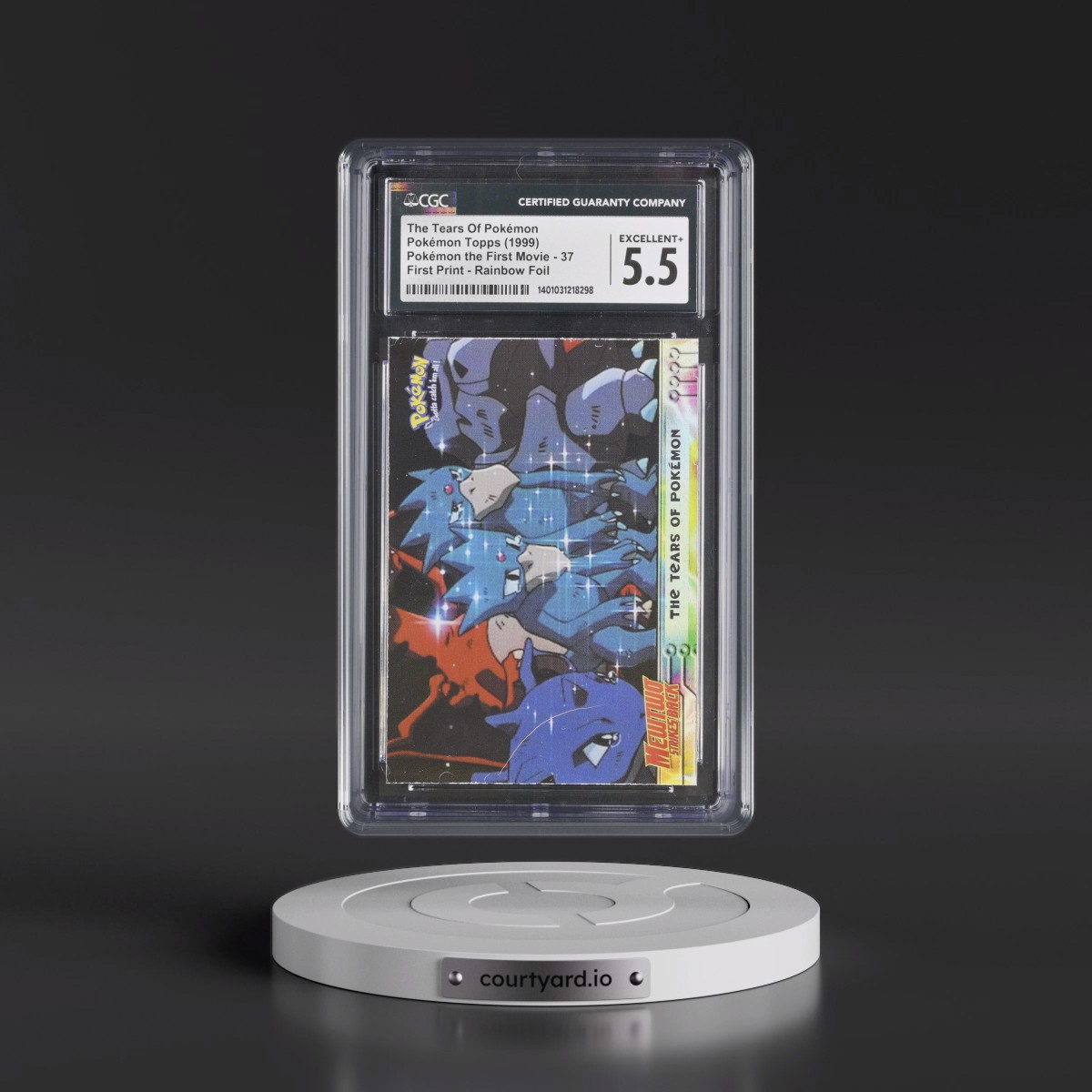 1999 Pokémon the First Movie #37 The Tears Of Pokémon - First Print (Blue Topps Logo) Rainbow Foil (CGC 5.5 EX+)