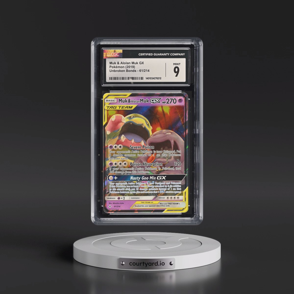 2019 Unbroken Bonds #61/214 Muk & Alolan Muk GX - Ultra Rare Holo (CGC 9 MINT)