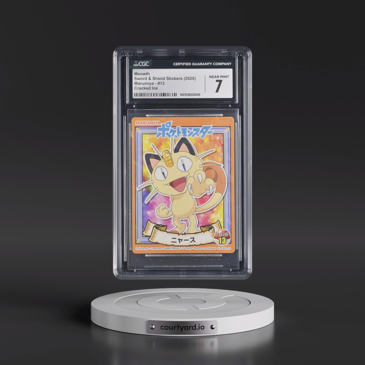 2020 Sword & Shield Stickers (Marumiya Blue Kanji Top) - Japanese #13 Meowth - Cracked Ice (CGC 7 NM)