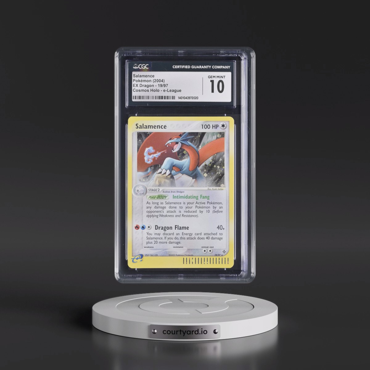 2003 EX Dragon (2003 Copyright, w/ "e" Symbol) #19/97 Salamence - Cosmos Holo e-League (CGC 10 GEM MINT)