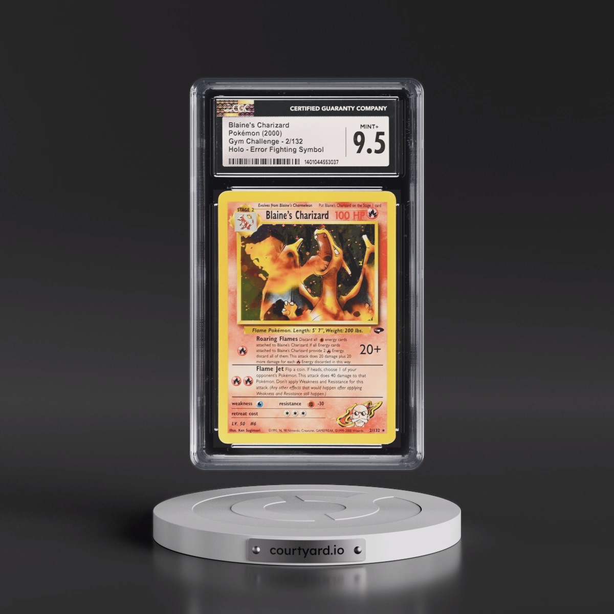 2000 Gym Challenge #2/132 Blaine's Charizard - Error Fighting Symbol (1st Attack) Holo (CGC 9.5 MINT+)
