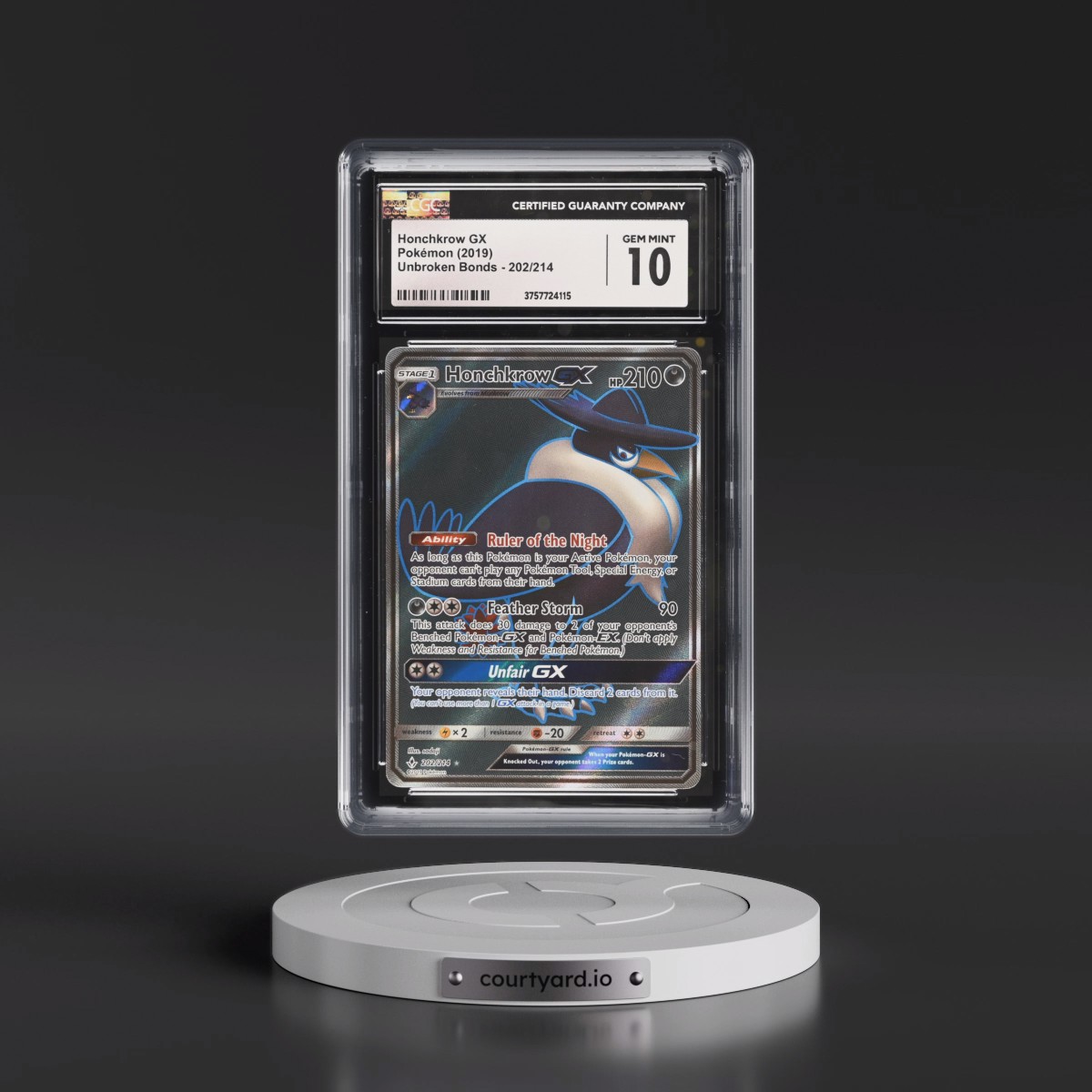 2019 Unbroken Bonds #202/214 Honchkrow GX - Ultra Rare Holo (CGC 10 GEM MINT)