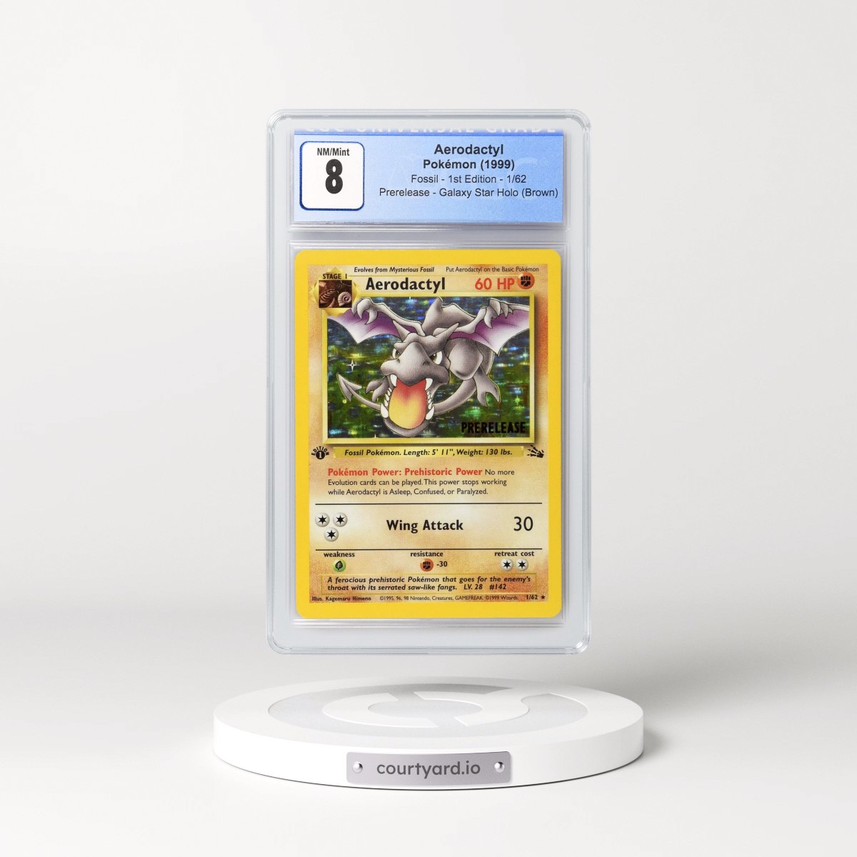 1999 Fossil #1/62 Aerodactyl - 1st Edition Prerelease (Brown Stamp) Galaxy Star Holo (Brown) (CGC 8 NM-MT)