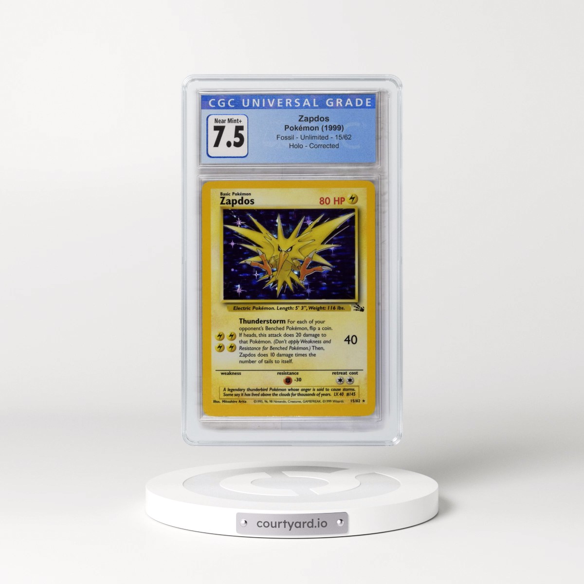 1999 Fossil #15/62 Zapdos - Corrected Galaxy Star Holo (CGC 7.5 NM+)