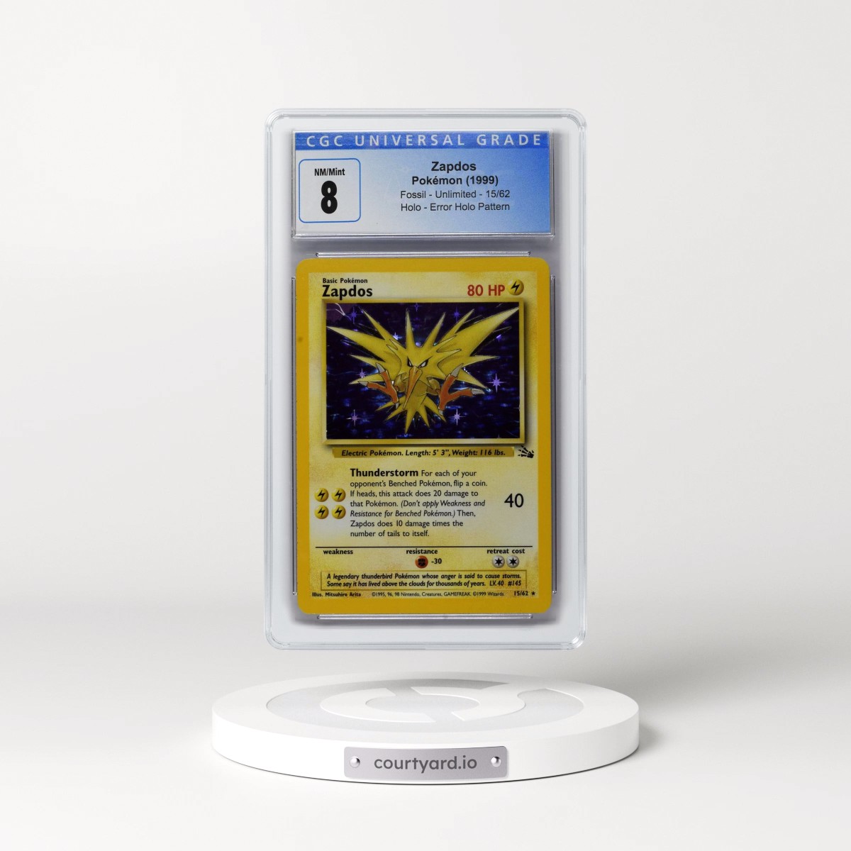 1999 Fossil #15/62 Zapdos - Error Holo Pattern Galaxy Star Holo (CGC 8 NM-MT)