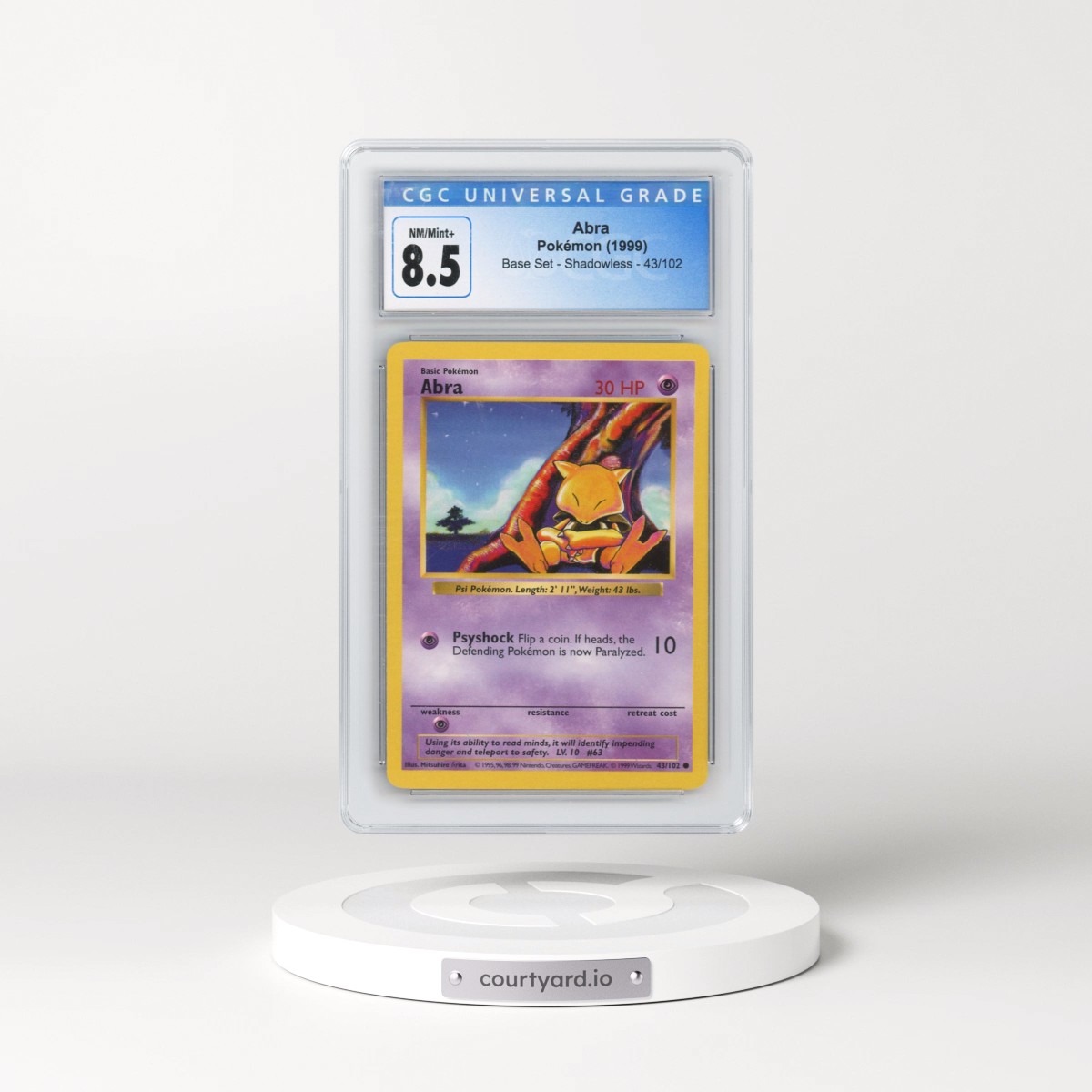 1999 Base Set #43/102 Abra - Shadowless Shadowless (CGC 8.5 NM-MT+)