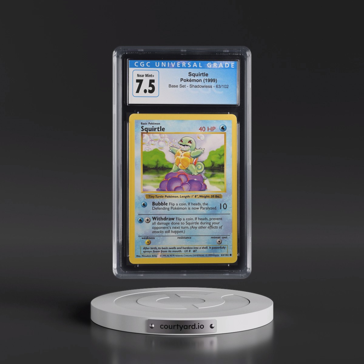 1999 Base Set #63/102 Squirtle - Shadowless Shadowless (CGC 7.5 NM+)