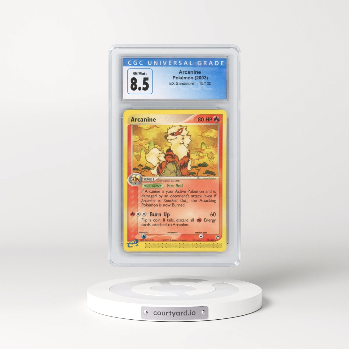 2003 EX Sandstorm (2003 Copyright, w/ "e" Symbol) #15/100 Arcanine (CGC 8.5 NM-MT+)