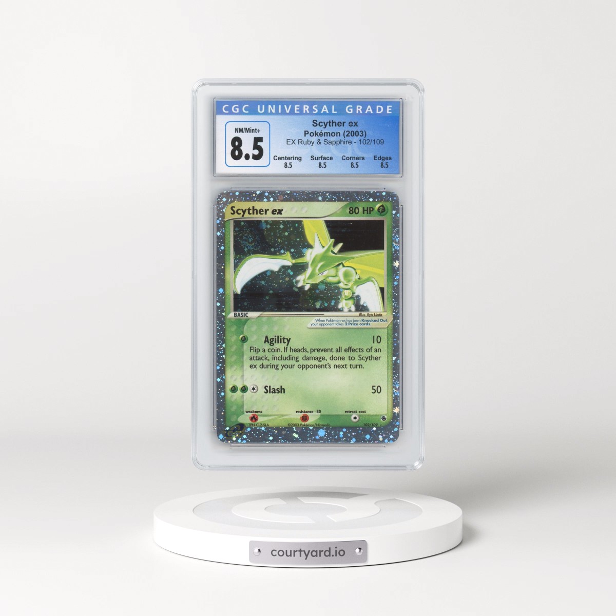 2003 EX Ruby & Sapphire (2003 Copyright, w/ "e" Symbol) #102/109 Scyther ex - Holo (CGC 8.5 NM-MT+)