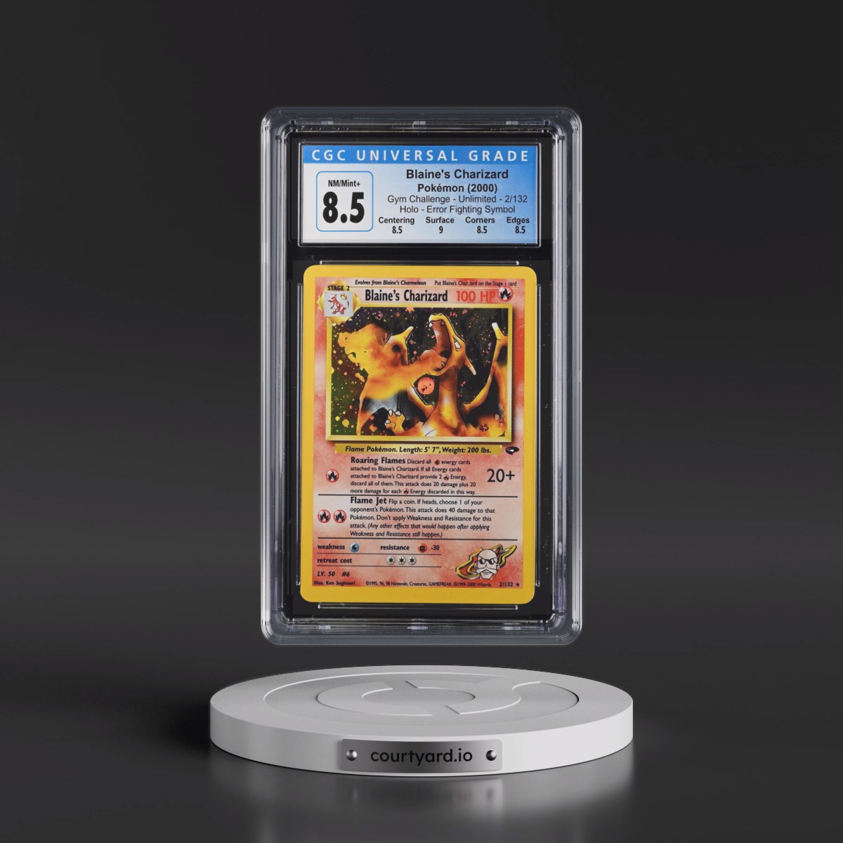 2000 Gym Challenge Blaine's Charizard - Error Fighting Symbol (1st Attack) Holo #2/132 CGC 8.5