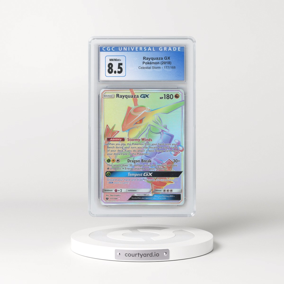 2018 Celestial Storm #177/168 Rayquaza GX - Rainbow Rare Holo (CGC 8.5 NM-MT+)