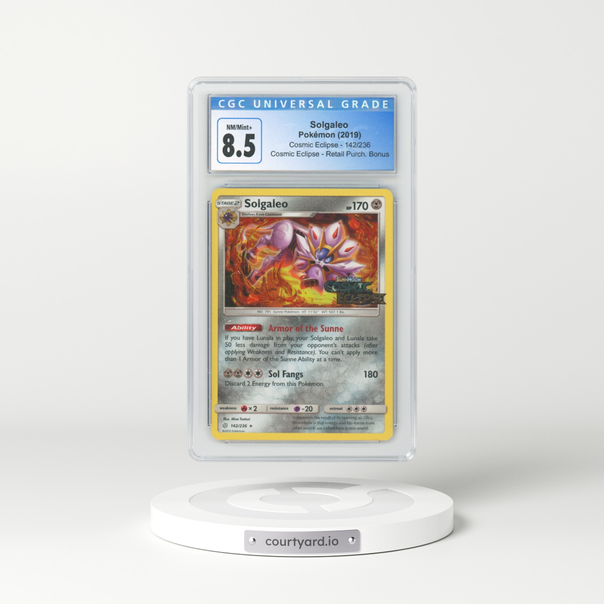 2019 Cosmic Eclipse #142/236 Solgaleo - Cosmic Eclipse Stamp Retailer Purchase Bonus (CGC 8.5 NM-MT+)