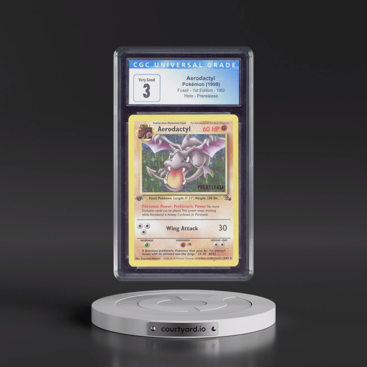 1999 Fossil #1/62 Aerodactyl - 1st Edition Prerelease (Brown Stamp) Galaxy Star Holo (Brown) (CGC 3 VG)