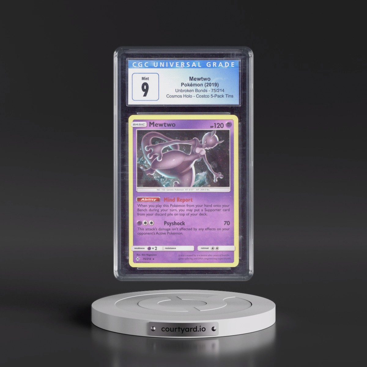 2019 Unbroken Bonds #75/214 Mewtwo - Costco Exclusive (Cos. Holo) 5-Pack Tin (CGC 9 MINT)