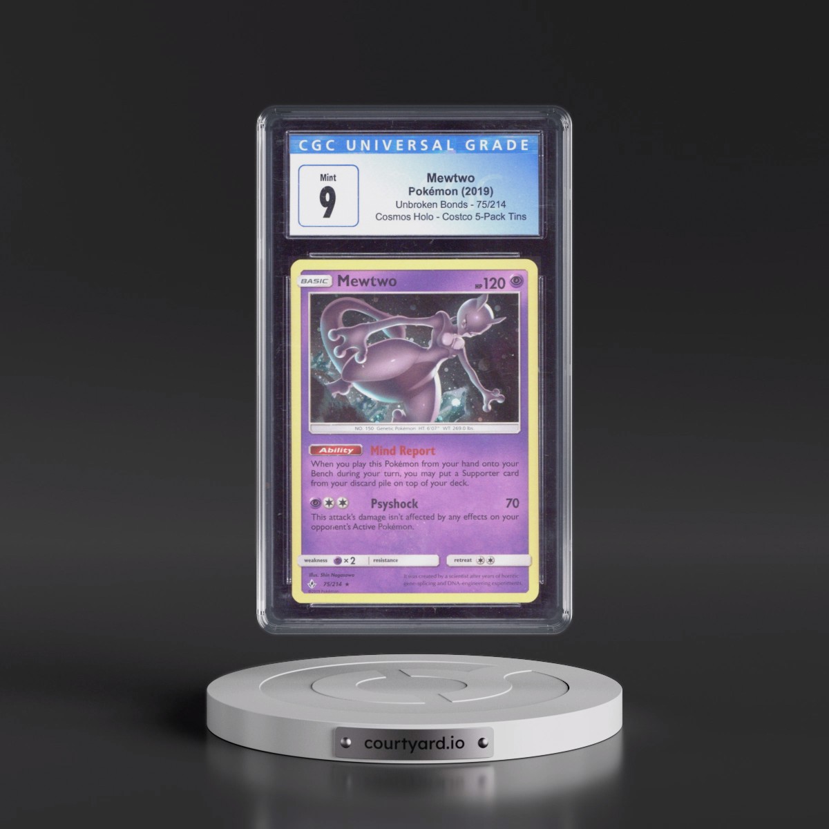 2019 Unbroken Bonds #75/214 Mewtwo - Costco Exclusive (Cos. Holo) 5-Pack Tin (CGC 9 MINT)