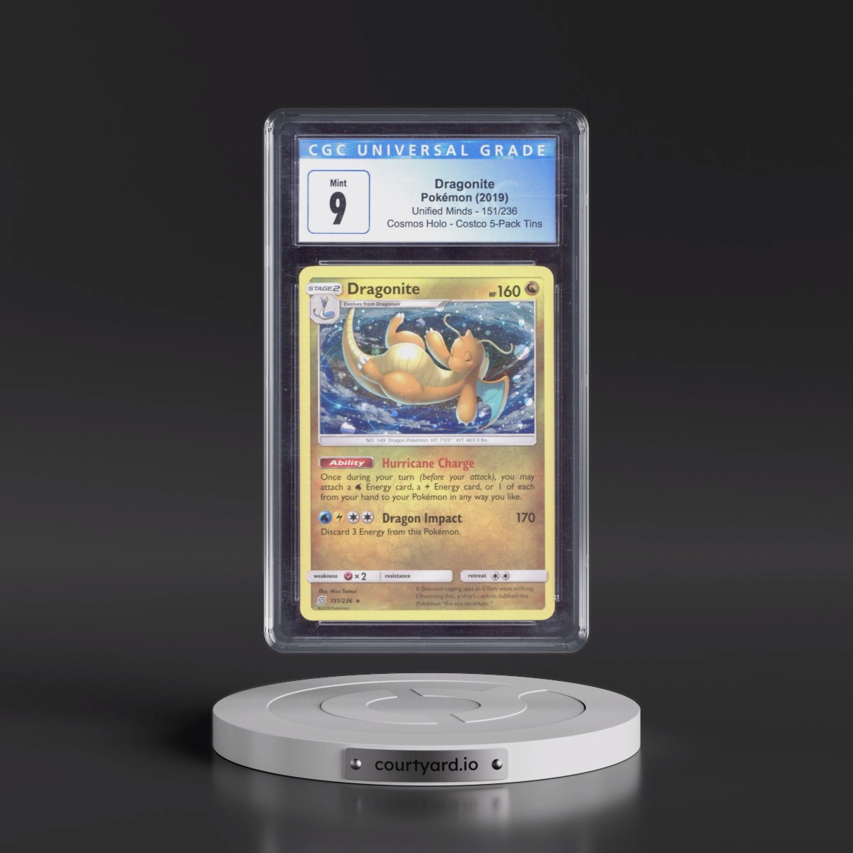 2019 Unified Minds #151/236 Dragonite - Costco Exclusive (Cos. Holo) 5-Pack Tin (CGC 9 MINT)