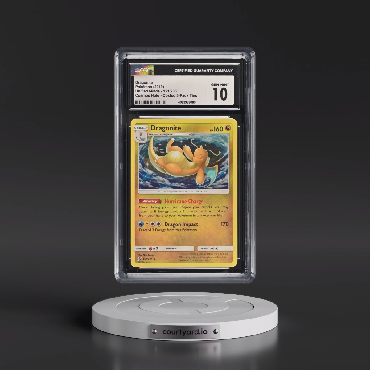 2019 Unified Minds #151/236 Dragonite - Costco Exclusive (Cos. Holo) 5-Pack Tin (CGC 10 GEM MINT)