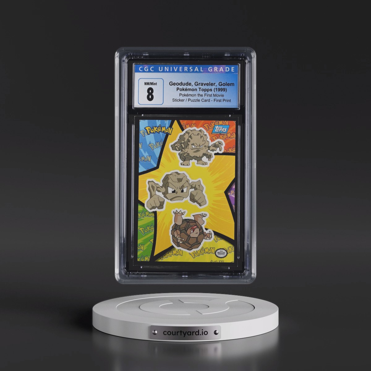 1999 Pokémon the First Movie Geodude, Graveler, Golem - Sticker / Ash Puzzle Card First Print (Blue Topps Logo) (CGC 8 NM-MT)