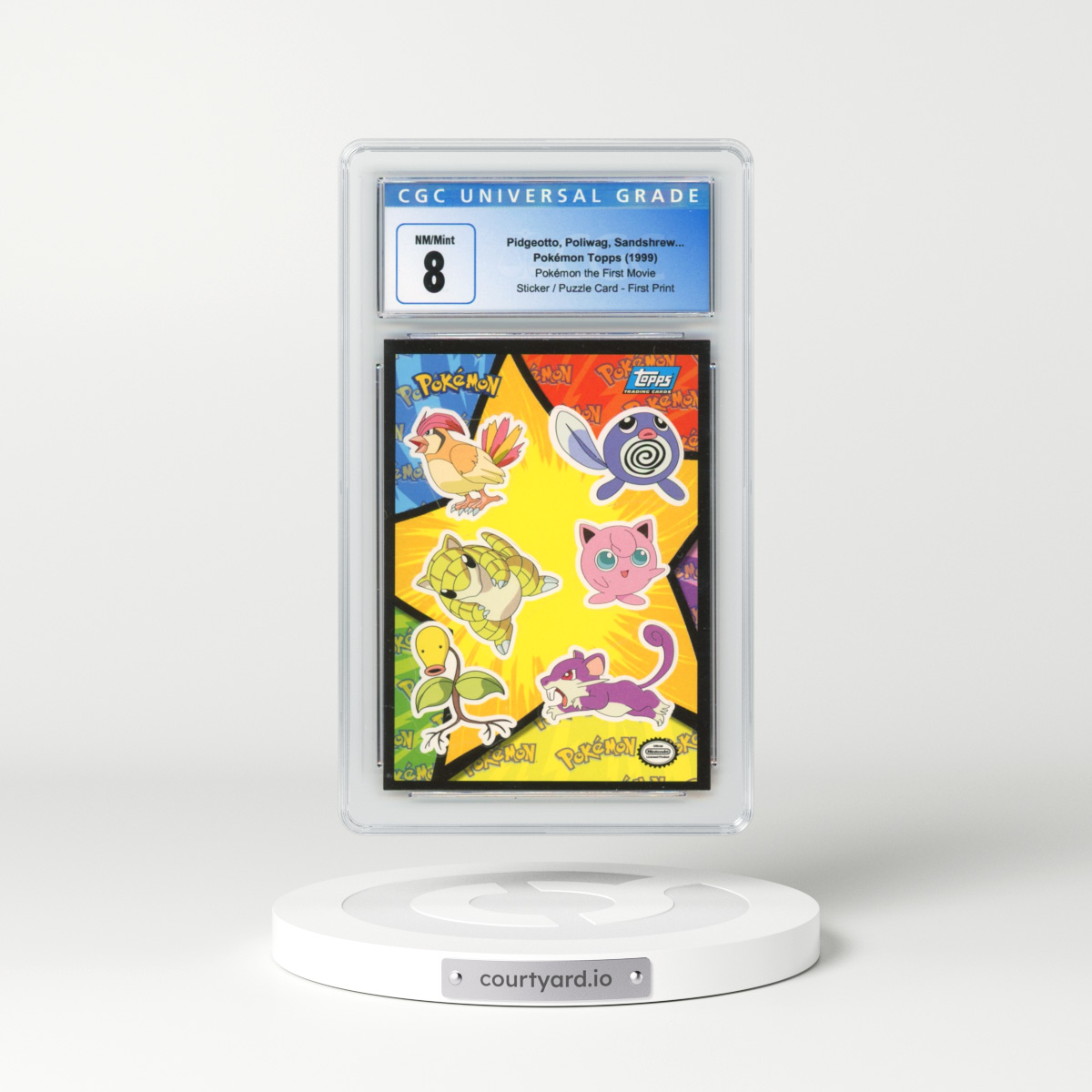 1999 Pokémon the First Movie Pidgeotto, Poliwag, Sandshrew, Jigglypuff, Bellsprout, Rattata - Sticker / Ash Puzzle Card First Print (Blue Topps Logo) (CGC 8 NM-MT)