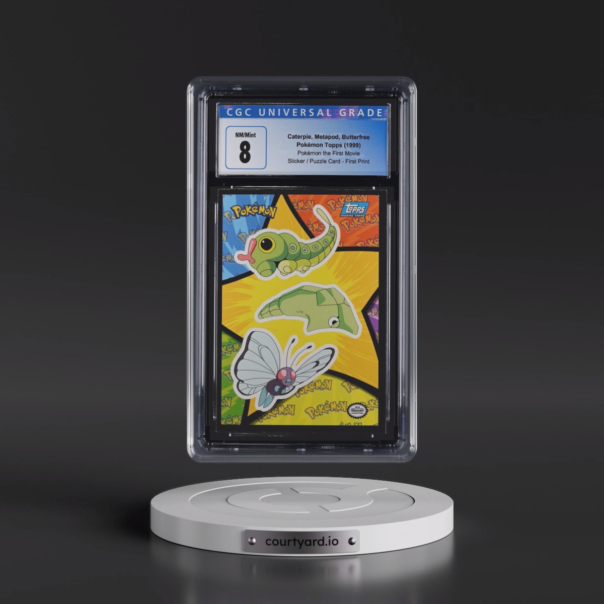 1999 Pokémon the First Movie Caterpie, Metapod, Butterfree - Sticker / Ash Puzzle Card First Print (Blue Topps Logo) (CGC 8 NM-MT)