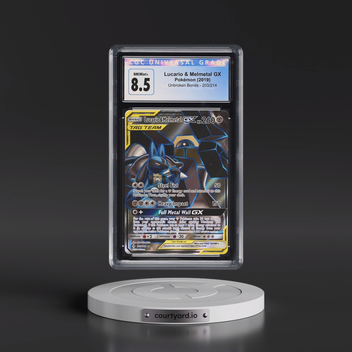 2019 Unbroken Bonds #203/214 Lucario &amp; Melmetal GX - Ultra Rare Holo (CGC 8.5 NM-MT+)