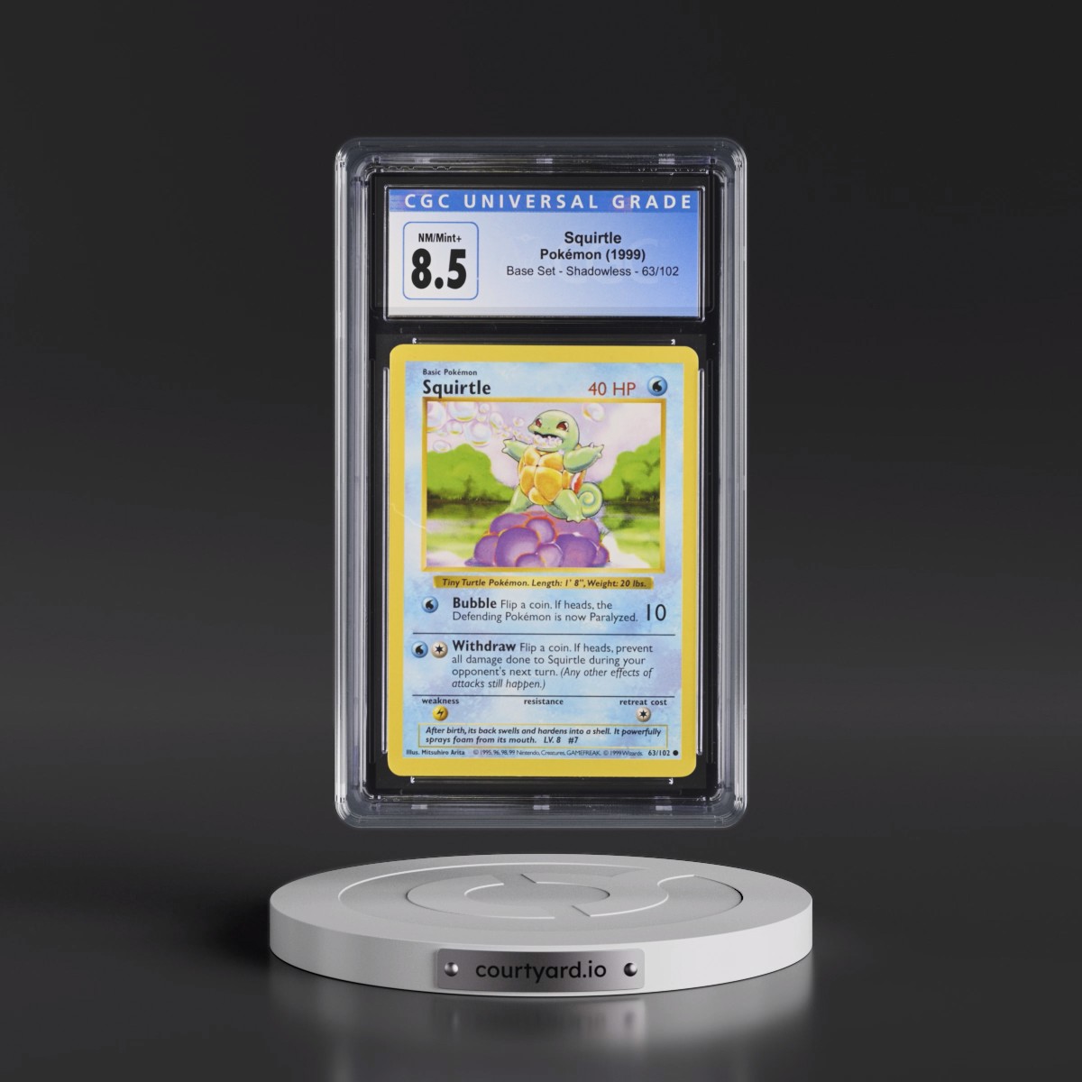 1999 Base Set #63/102 Squirtle - Shadowless Shadowless (CGC 8.5 NM-MT+)