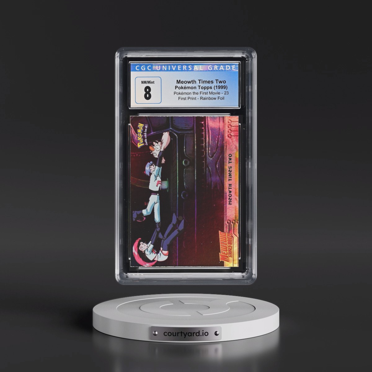 1999 Pokémon the First Movie #23 Meowth Times Two - First Print (Blue Topps Logo) Rainbow Foil (CGC 8 NM-MT)