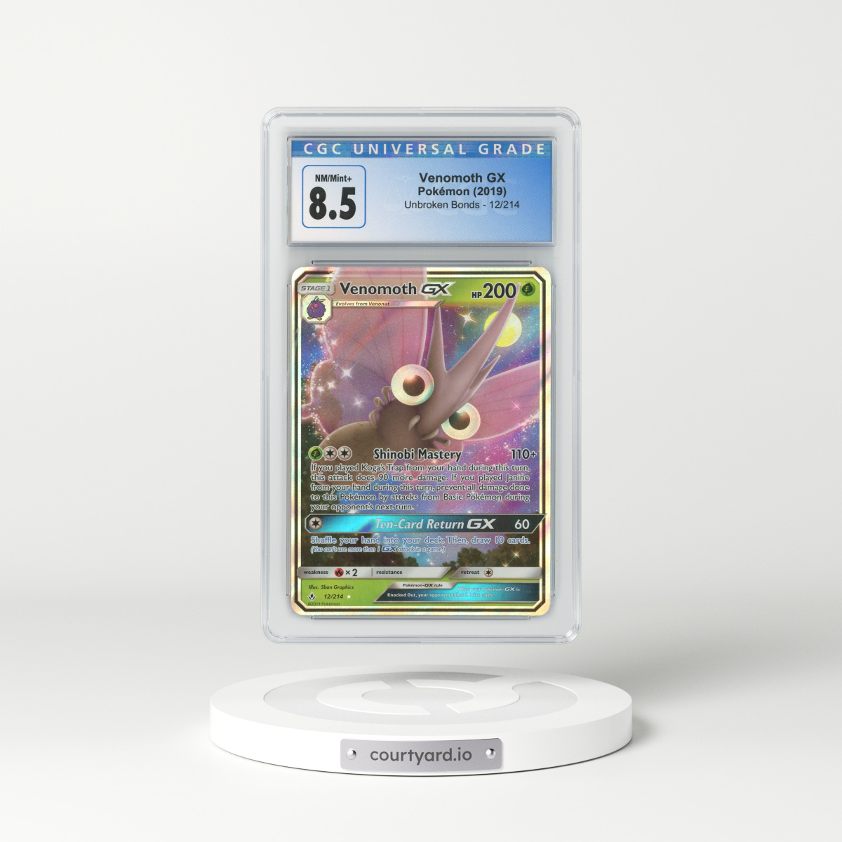 2019 Unbroken Bonds #12 Venomoth GX - Full Art Holo (CGC 8.5 NM-MT+)