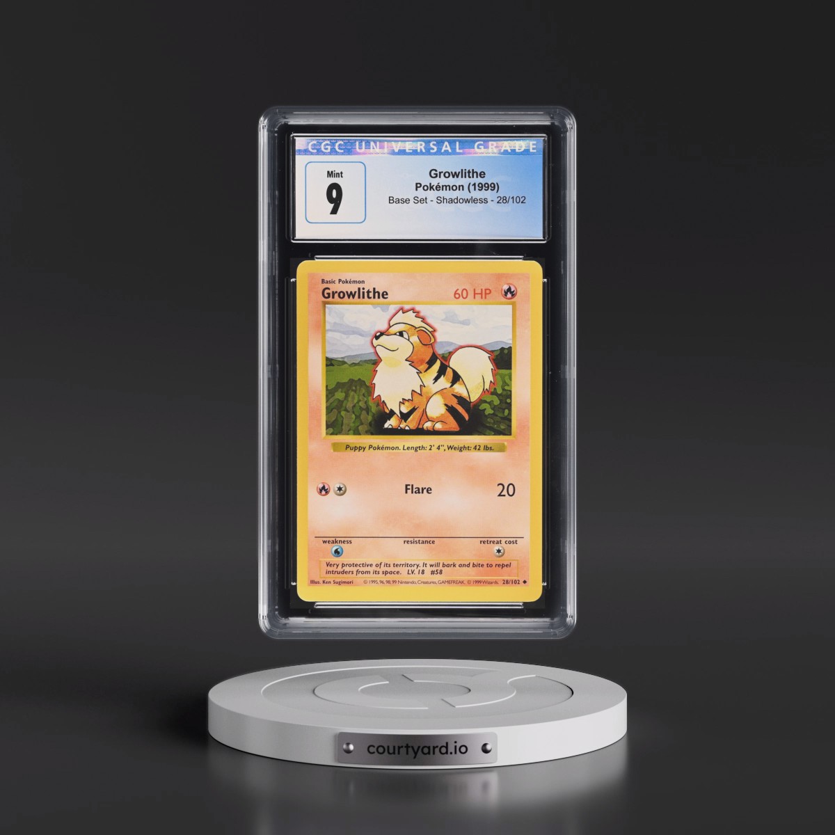 1999 Base Set #28/102 Growlithe - Shadowless Shadowless (CGC 9 MINT)