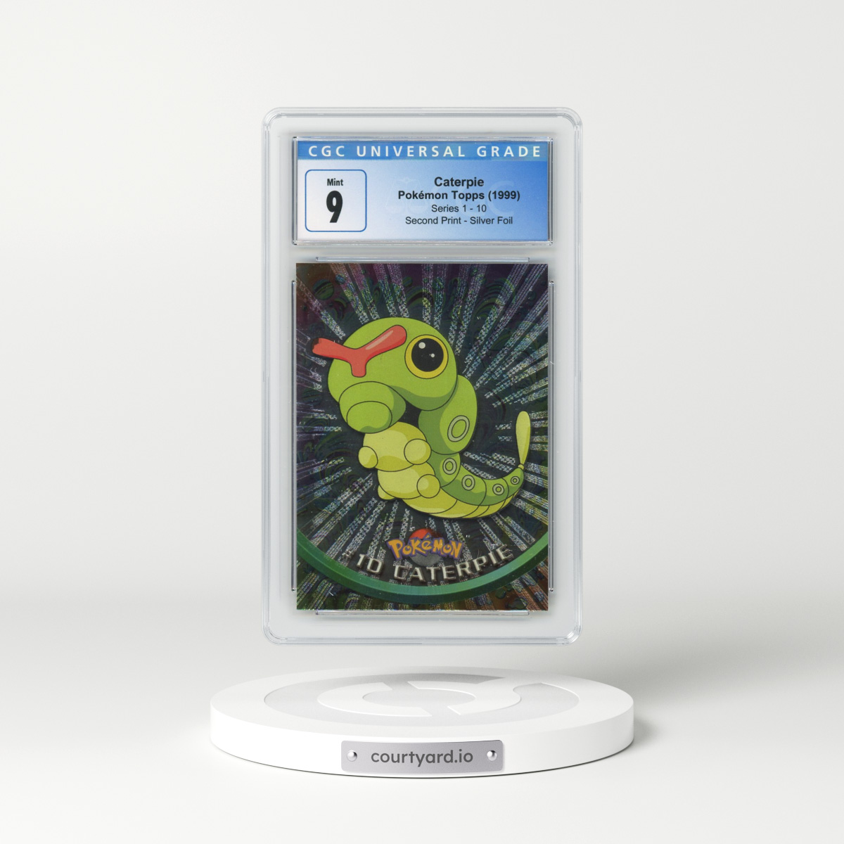 1999 Series 1 (Oval Nintendo Seal) #10 Caterpie - Second Print (Black Topps Logo) Silver Foil (Rays) (CGC 9 MINT)