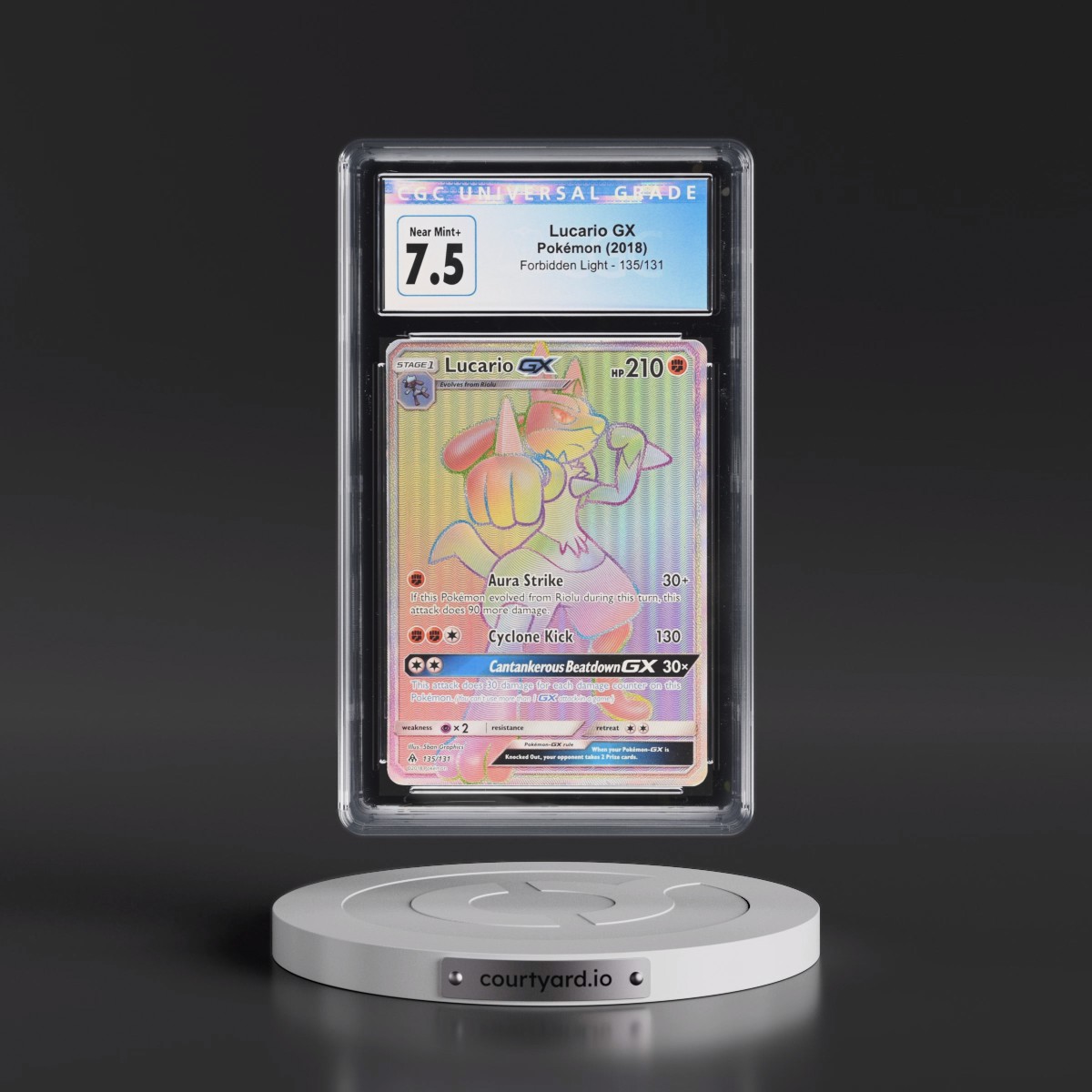 2018 Pokémon Sun & Moon Forbidden Light #135 Lucario GX - Holo Full Art Secret (CGC 7.5 NM+)