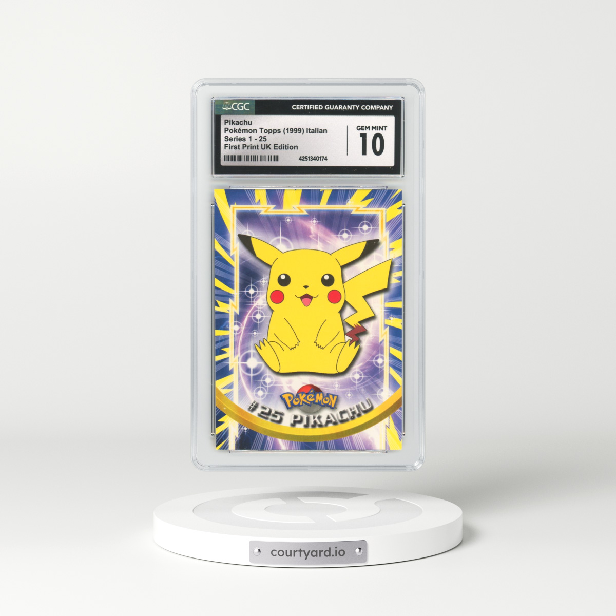 1999 Italian Topps Series 1 #25 Pikachu - Full Art Holo 1st Print UK Ed (Blue Topps Logo) (CGC 10 GEM MINT)