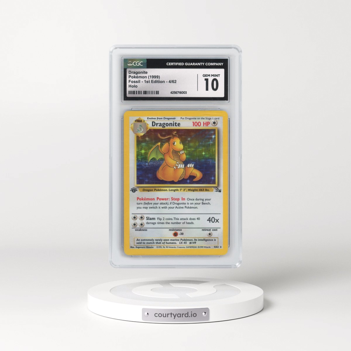 1999 Fossil Dragonite - 1st Edition Holo #4/62 CGC 10