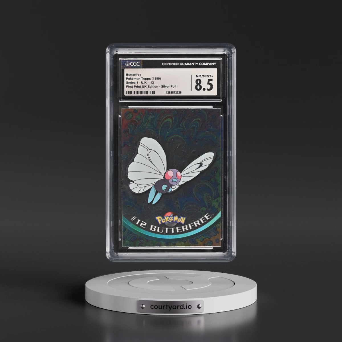 1999 Series 1 (Circular Nintendo Seal) #12 Butterfree - 1st Print UK Ed (Blue Topps Logo) Silver Foil (Smooth) (CGC 8.5 NM-MT+)