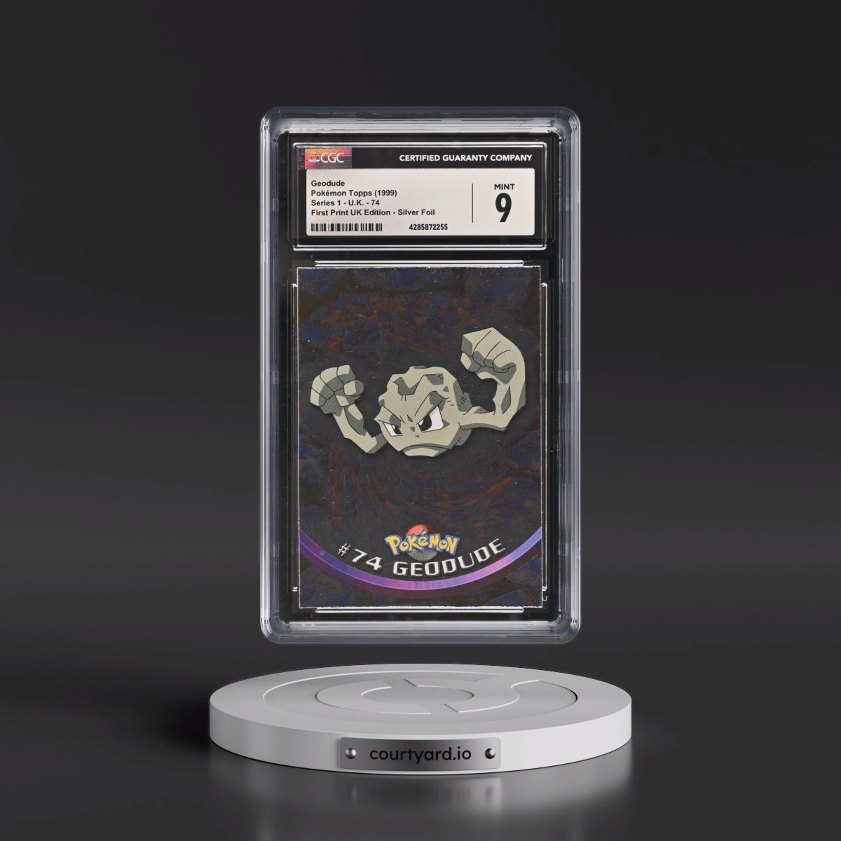 1999 Series 1 (Circular Nintendo Seal) #74 Geodude - 1st Print UK Ed (Blue Topps Logo) Silver Foil (Smooth) (CGC 9 MINT)