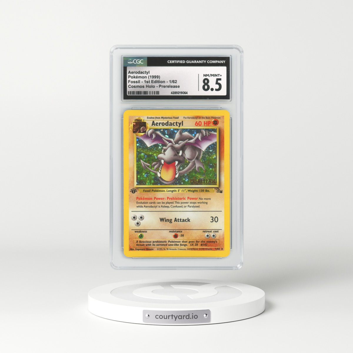 1999 Fossil #1 Aerodactyl - 1st Edition Holo Prerelease (CGC 8.5 NM-MT+)
