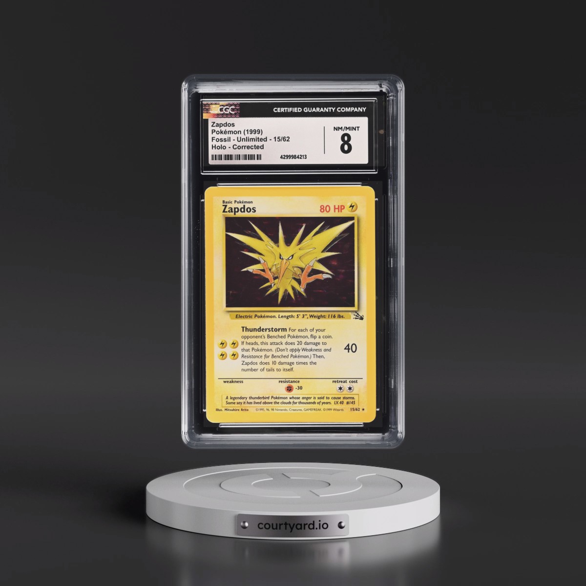 1999 Fossil #15/62 Zapdos - Corrected Galaxy Star Holo (CGC 8 NM-MT)