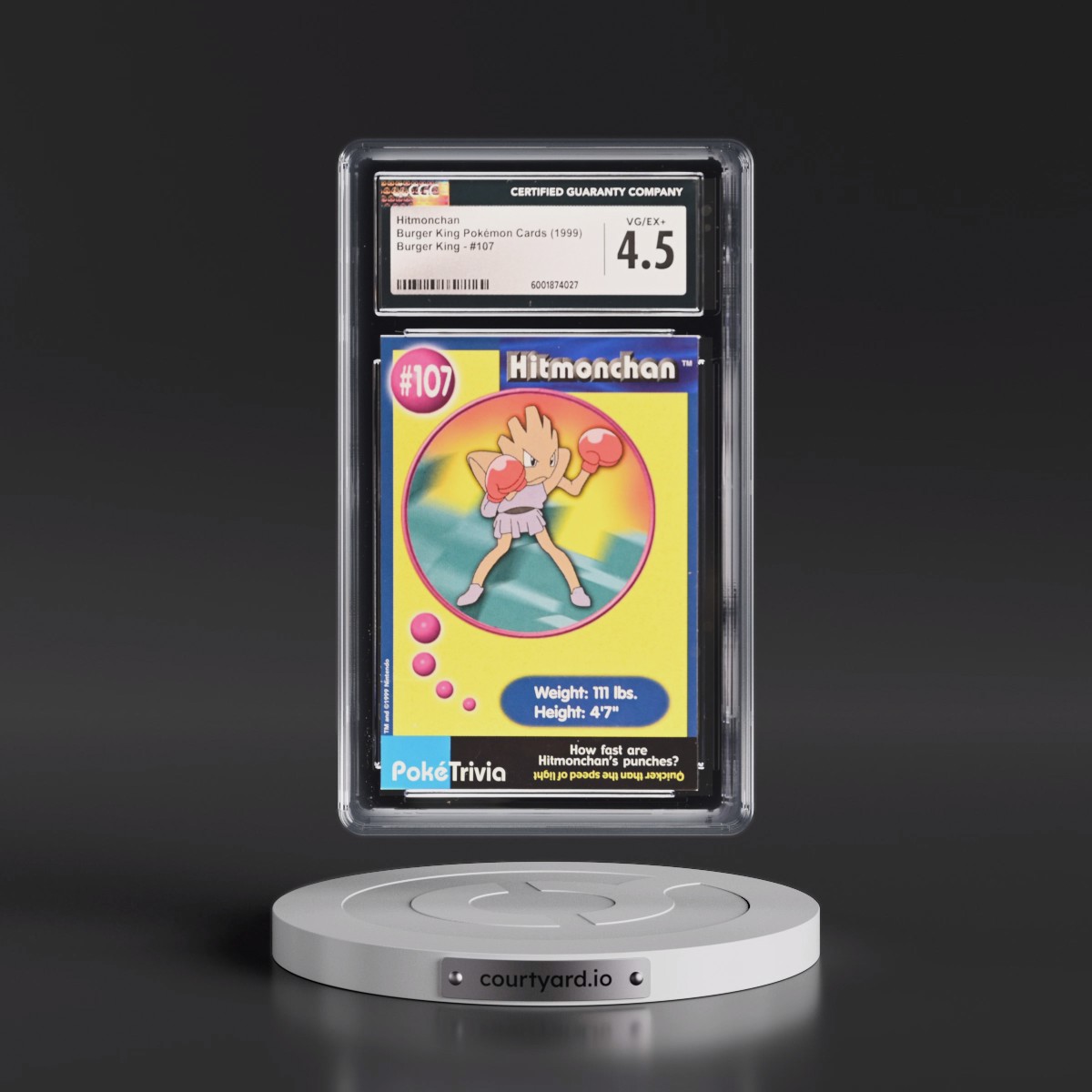 1999 Burger King Pokémon Cards - English #107 Hitmonchan (CGC 4.5 VG-EX+)